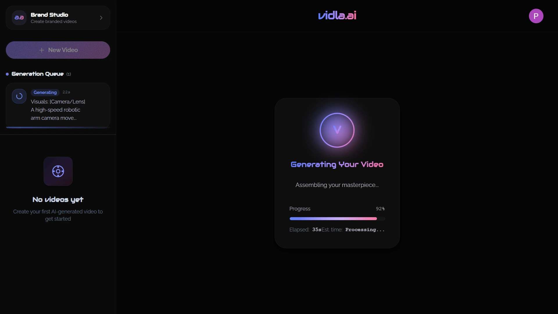 Animated loading indicator with AI brain graphic showing video generation